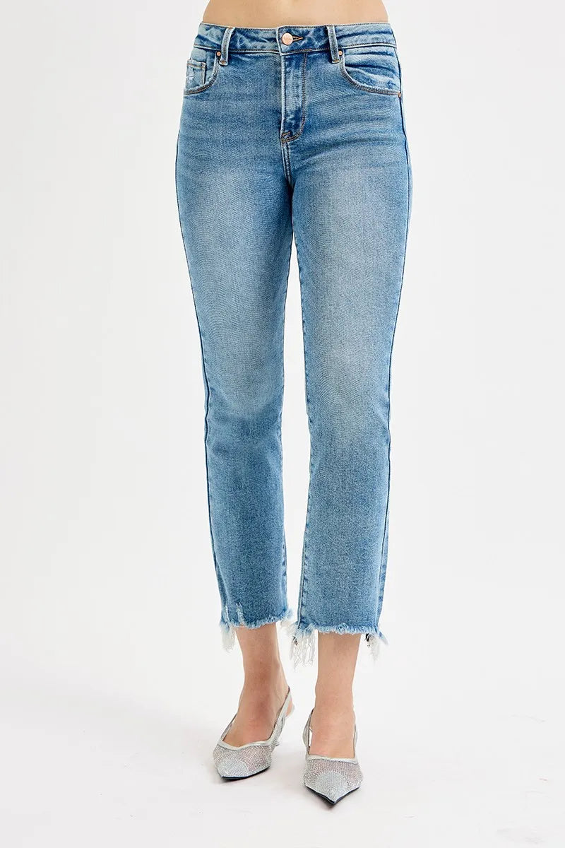 RISEN Medium Washed High Rise Frayed Hem Crop Straight Slim Jeans MEDIUM