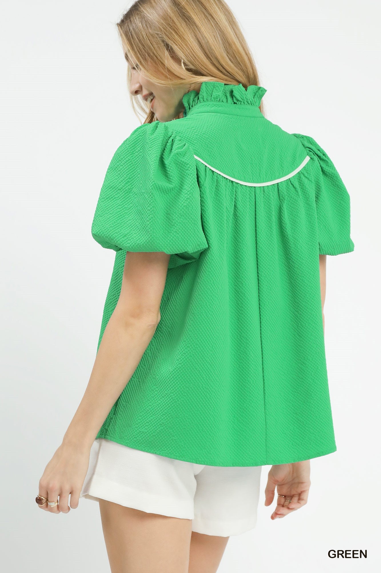 Umgee Green Textured Puff Sleeve Blouse