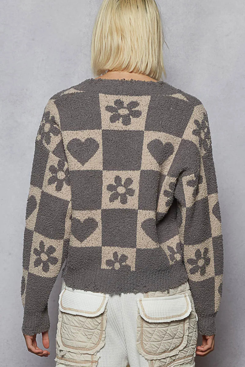 POL V-Neck Heart Pattern Checkered Sweater