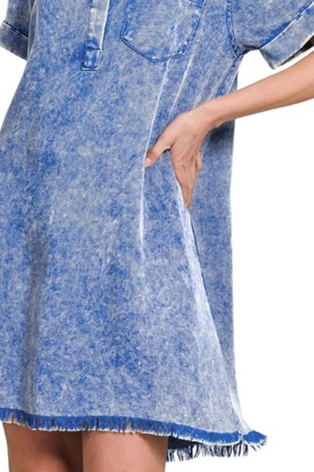 Zenana Classic Blue Tencel Mineral Washed Collared Shirt Dress