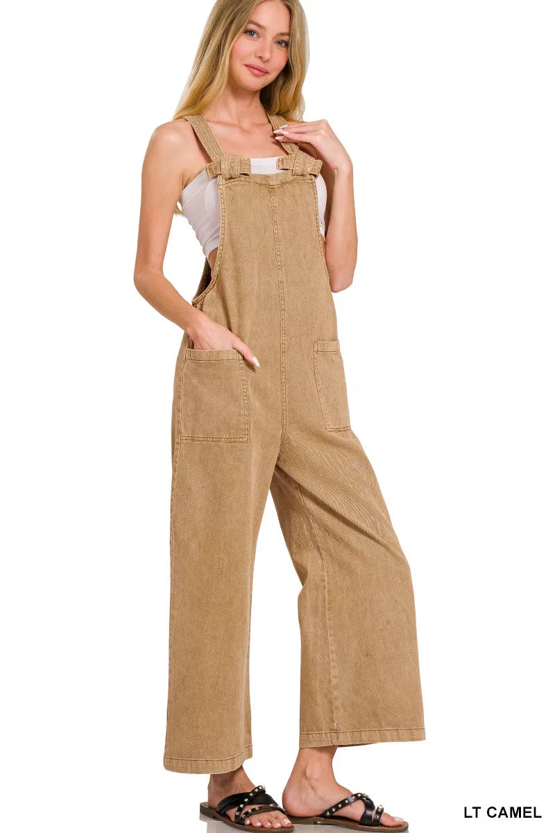 Zenana Light Camel Washed Knot Strap Pockets Jumpsuit