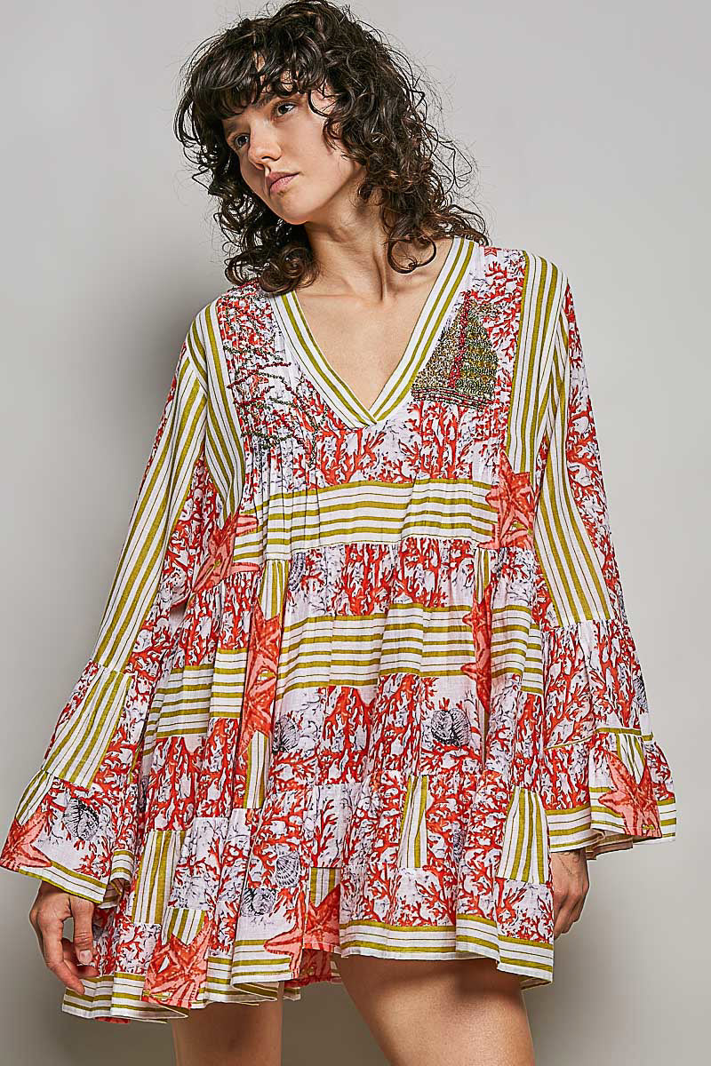 POL Ivory/Red Striped Floral Long Sleeve Mini Dress with Pintuck Detail IVORY RED MULTI