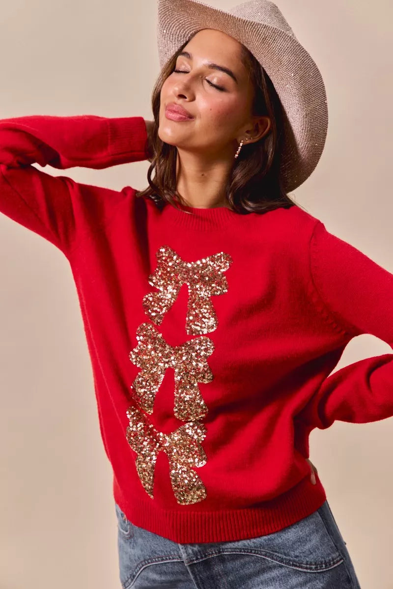 SO ME Red & Gold Sequins Bow Ribbon Embellished Christmas Sweater