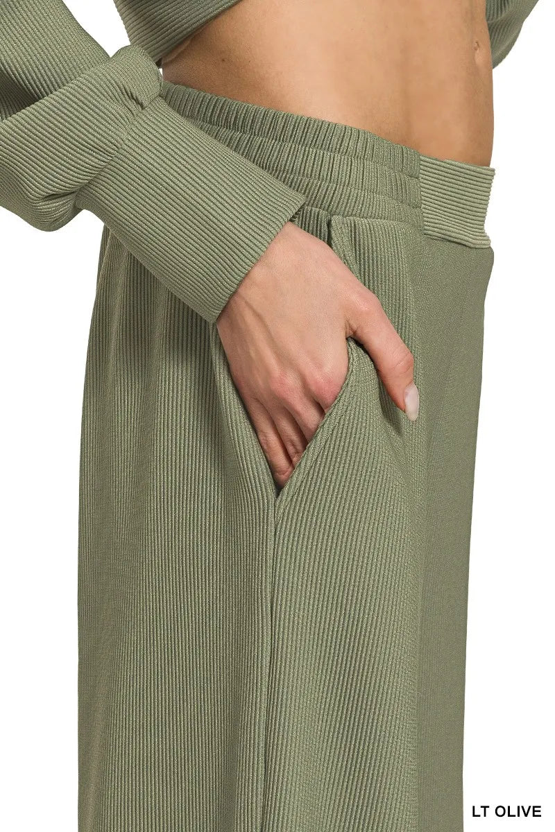 Zenana Light Olive Ribbed High Neck Half Zip Pullover & Pants Set