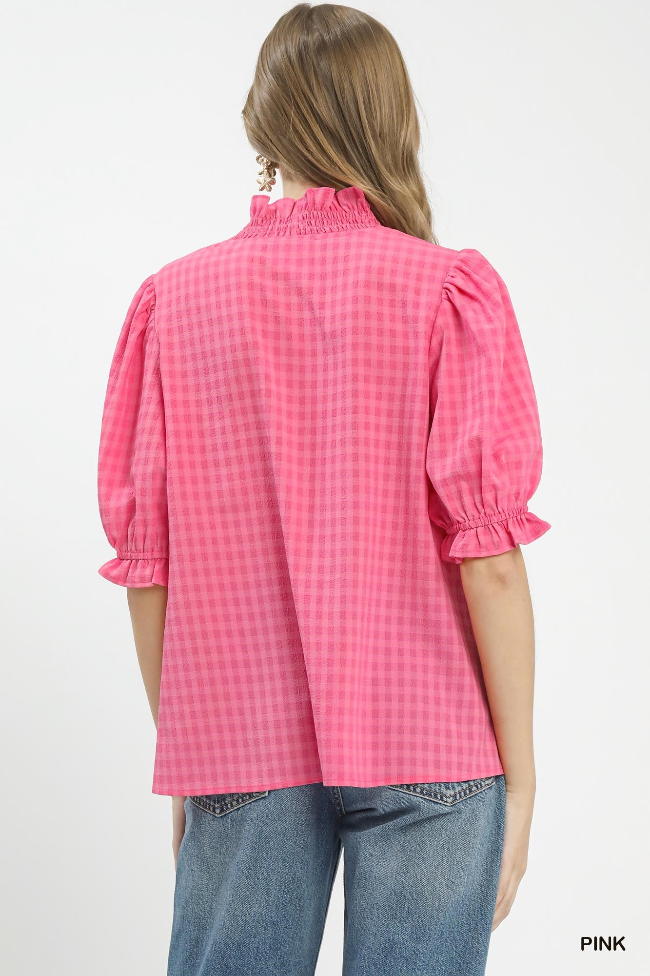 Umgee Pink Textured Check Ruffle V-Neck Blouse