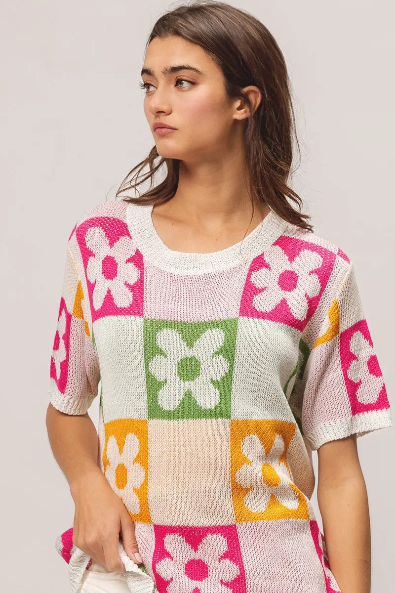 BiBi Multi Color Flower Checker Pattern Lightweight Sweater Top