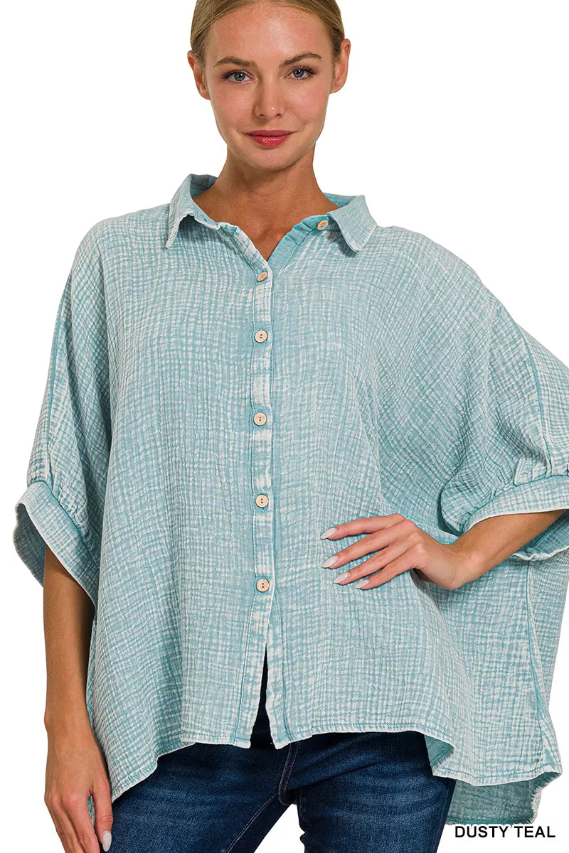 Zenana Washed Double Gauze Button Down Half Sleeve Shirt – Dusty Teal DUSTY TEAL
