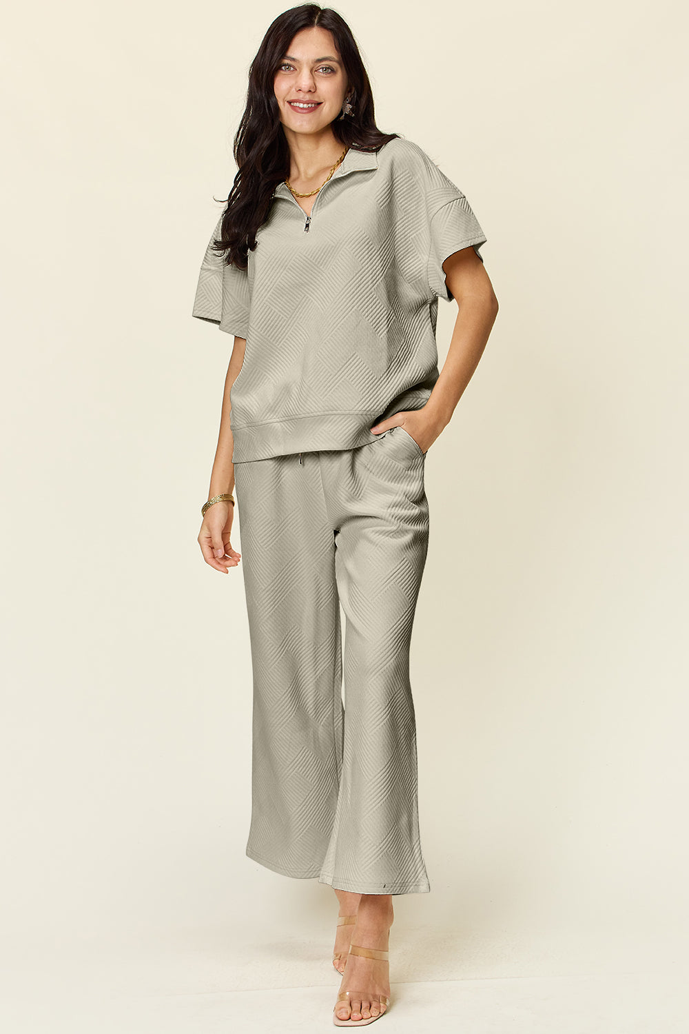 Double Take Quilted Textured Half Zip Short Sleeve Top and Pants Set Dust Storm Outfits