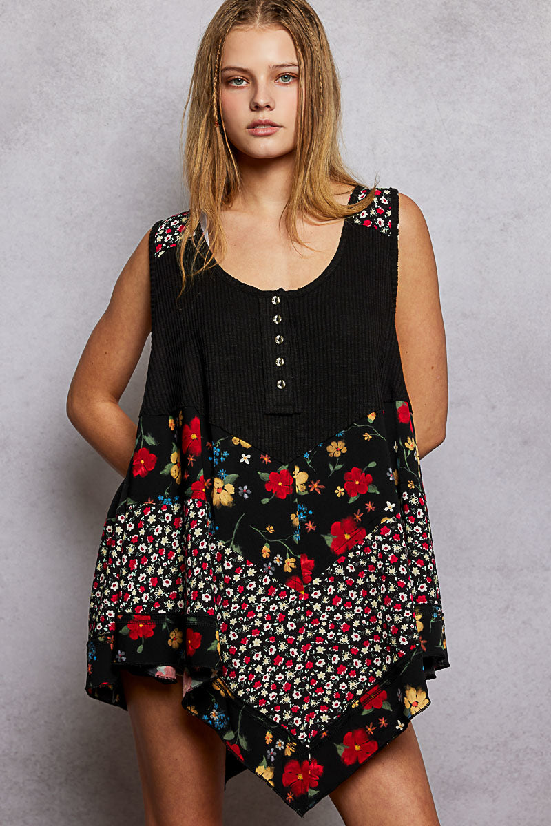 POL Black Round Neck Ribbed Tank with Woven Print Patch BLACK