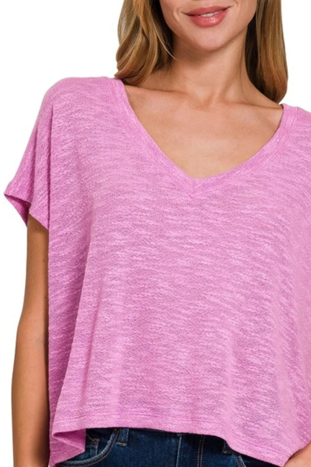 Zenana Bright Mauve Hacci Slub V-neck Drop Shoulder Crop Top