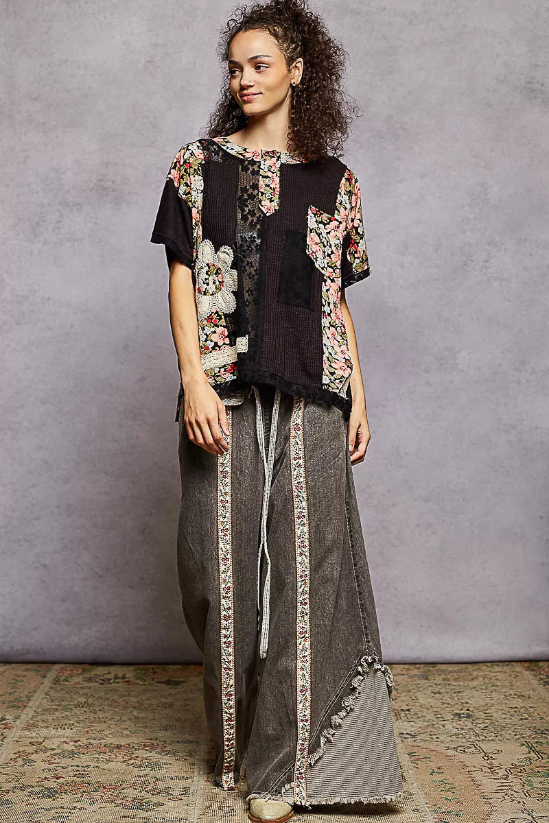 POL Black Lace Round Neck Short Sleeve Floral Pattern Top with Patch Detail