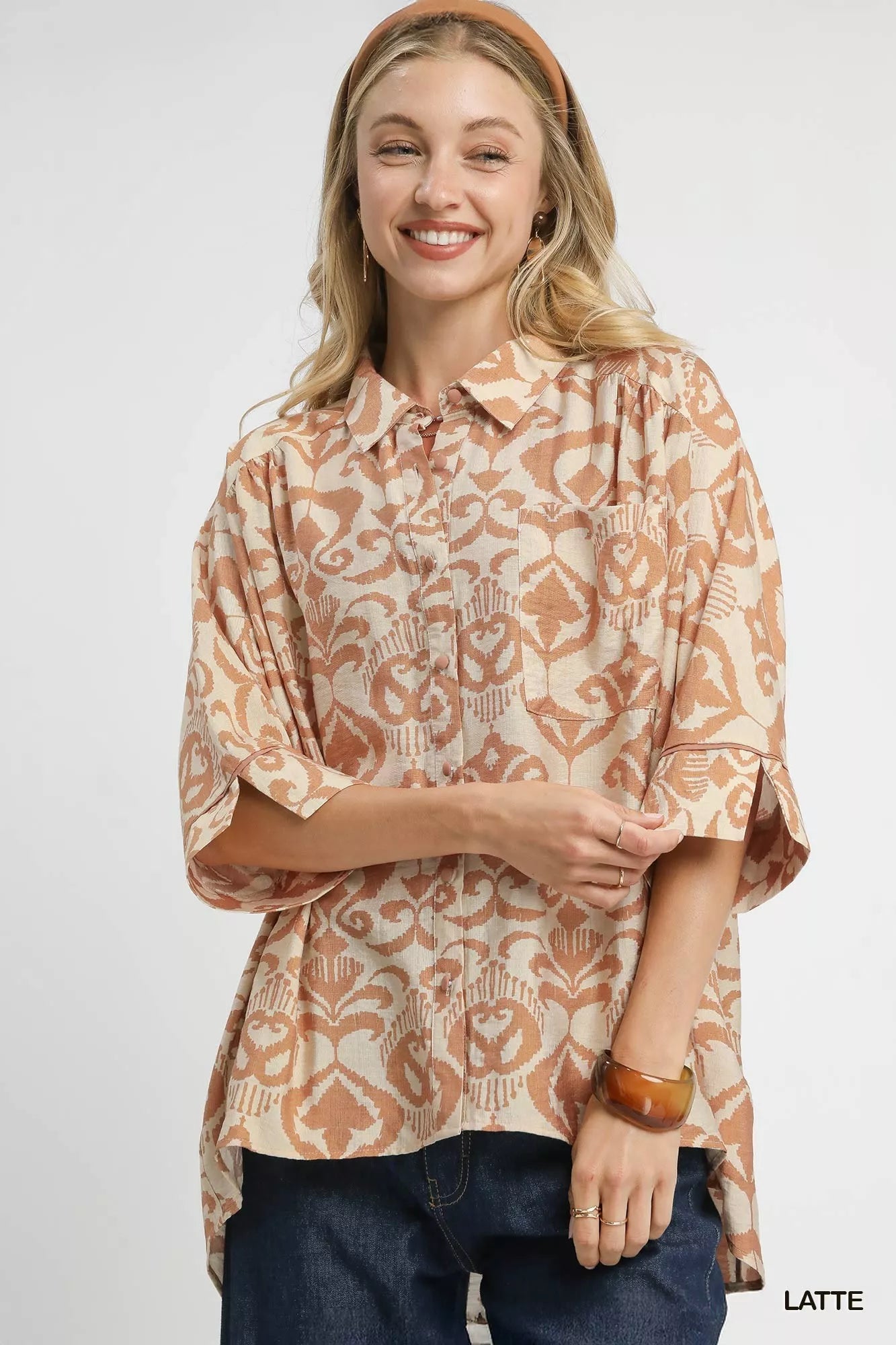 Umgee Latte Abstract Print Button-Up Oversized Shirt LATTE