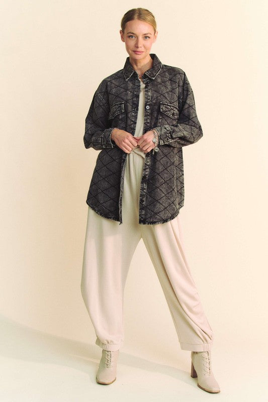 Davi & Dani Black Curved Hem Diamond Quilted Button Up Denim Shacket Shirts & Tops