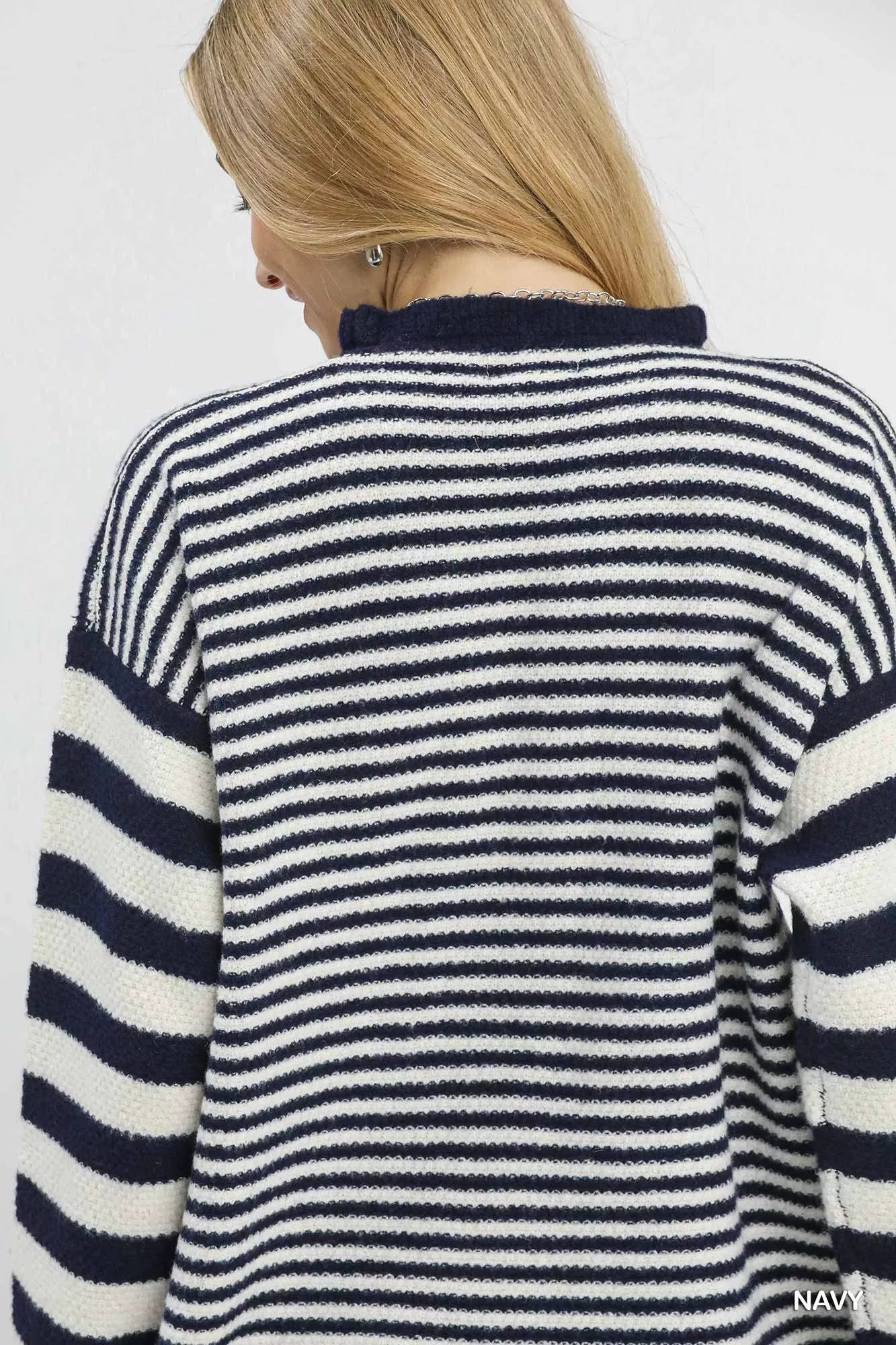 Umgee Ruffle Neck Navy Stripe Sweater