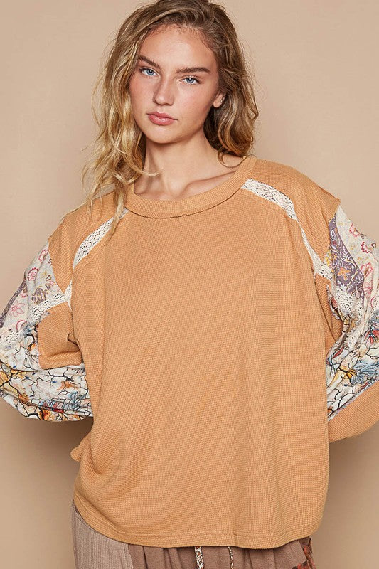 POL Sherbet Waffle-Knit Lace Detail Round Neck Top Shirts & Tops