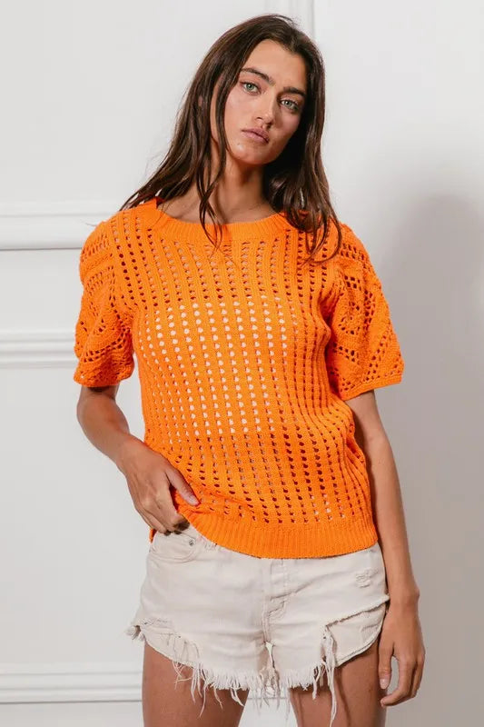 BiBi Orange Crochet Knit Top With Puff Sleeves