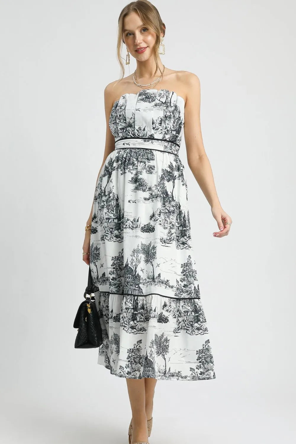 Umgee Toile de Jouy Printed Tiered Strapless Midi Dress Black