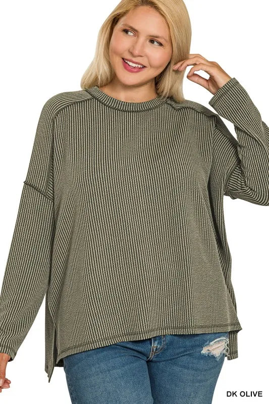 Zenana Dark Olive Exposed Seam Long Sleeve Corded Rib Knit Top