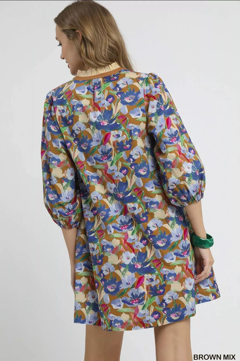 Umgee Brown Mix Boho Floral Balloon Sleeve Mini Dress