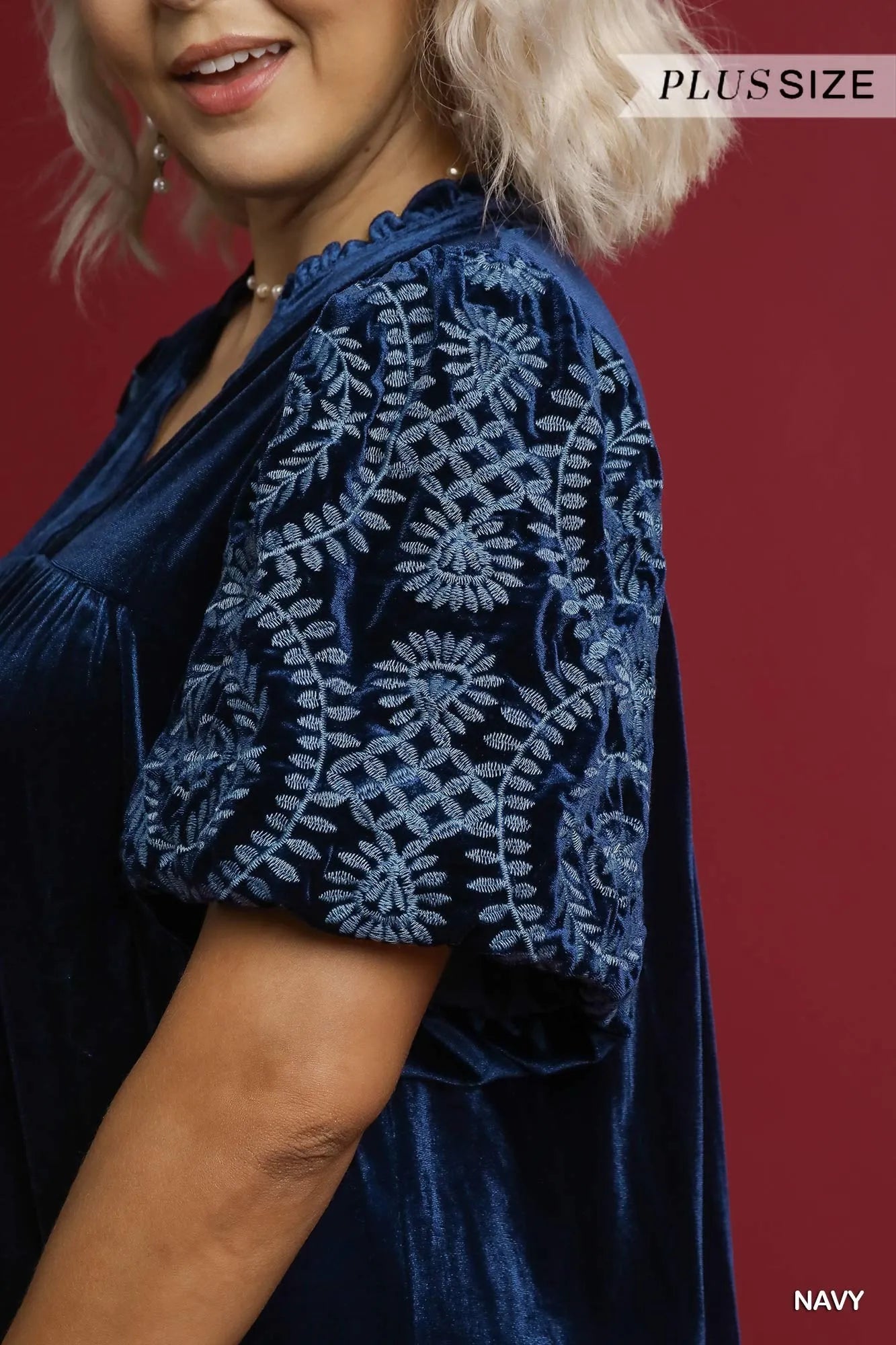 Umgee Navy Velvet Embroidered Sleeve Blouse
