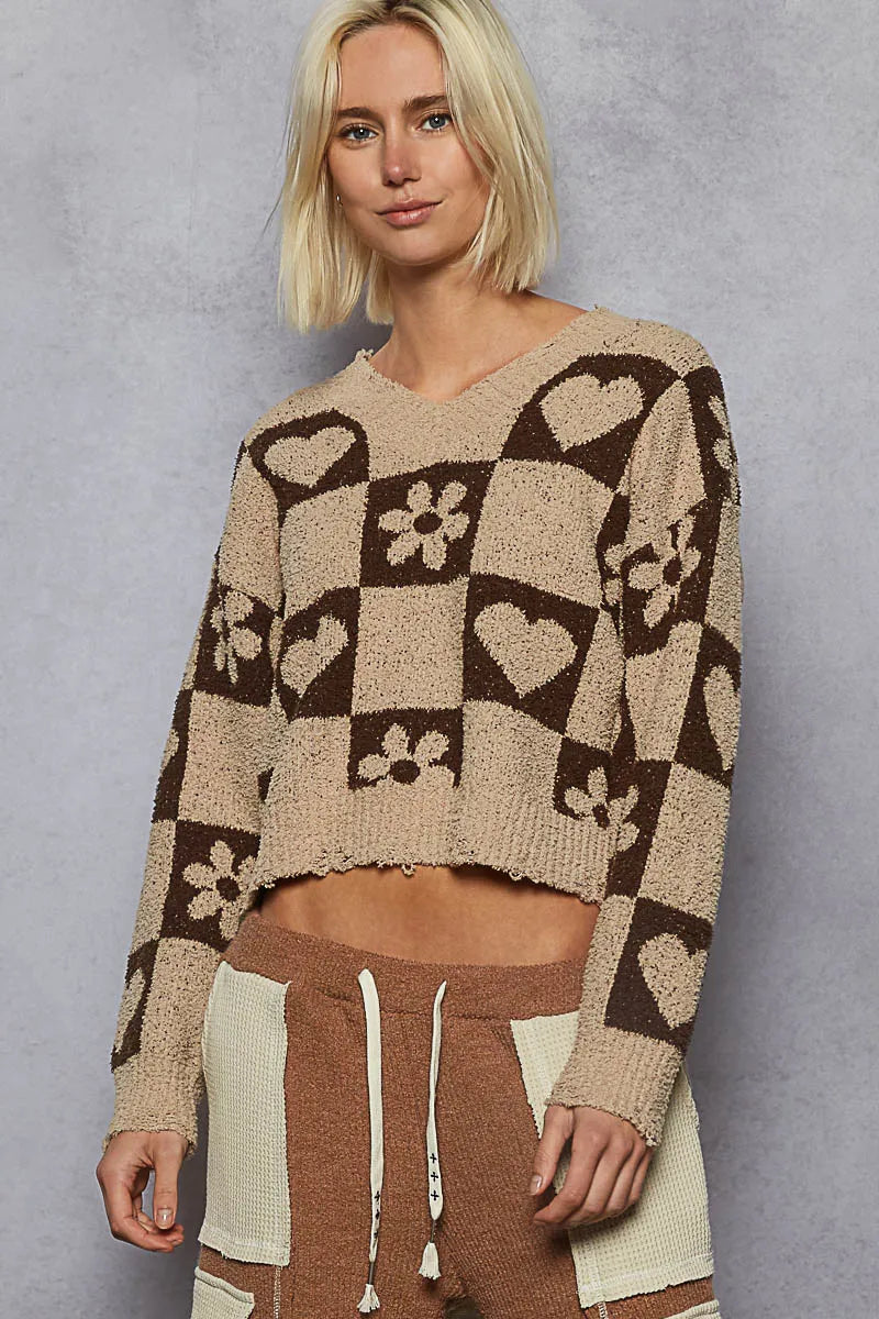 POL Mocha & Brown V-Neck Heart Pattern Checkered Sweater MOCHA BROWN