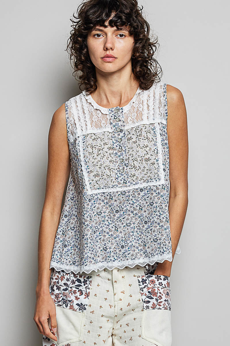 POL Off White Printed Woven Lace Back Round Neck Sleeveless Top
