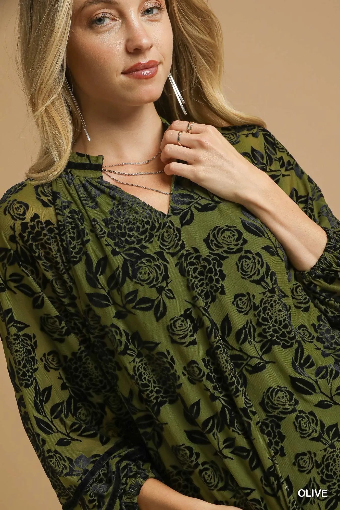 Umgee Olive Floral Velvet Burnout Blouse with Balloon Sleeves