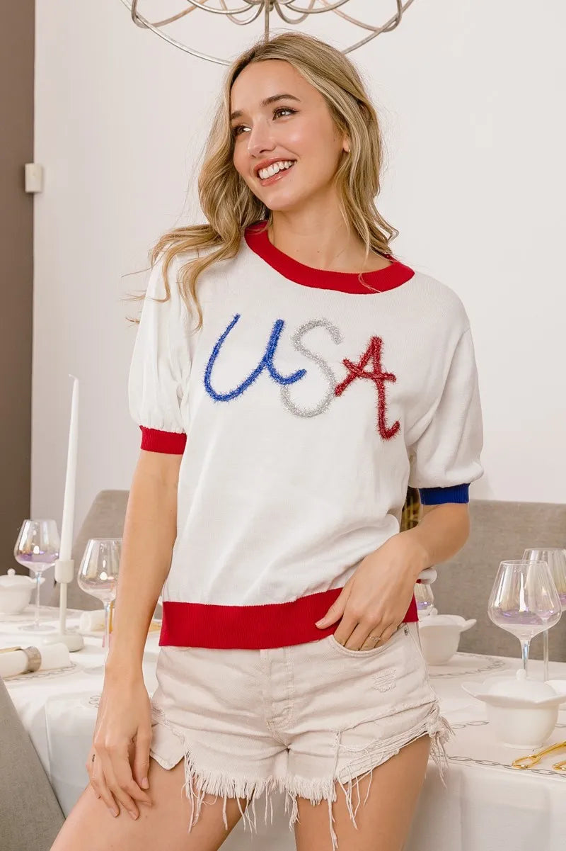BiBi White USA Metallic Letter Color Block Light Weight Knit Top