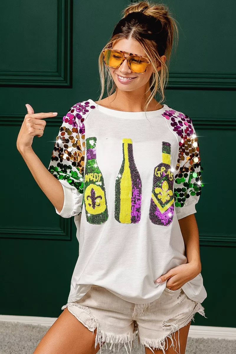 BiBi Sequin Mardi Gras Bottles Spangled Sleeve Top