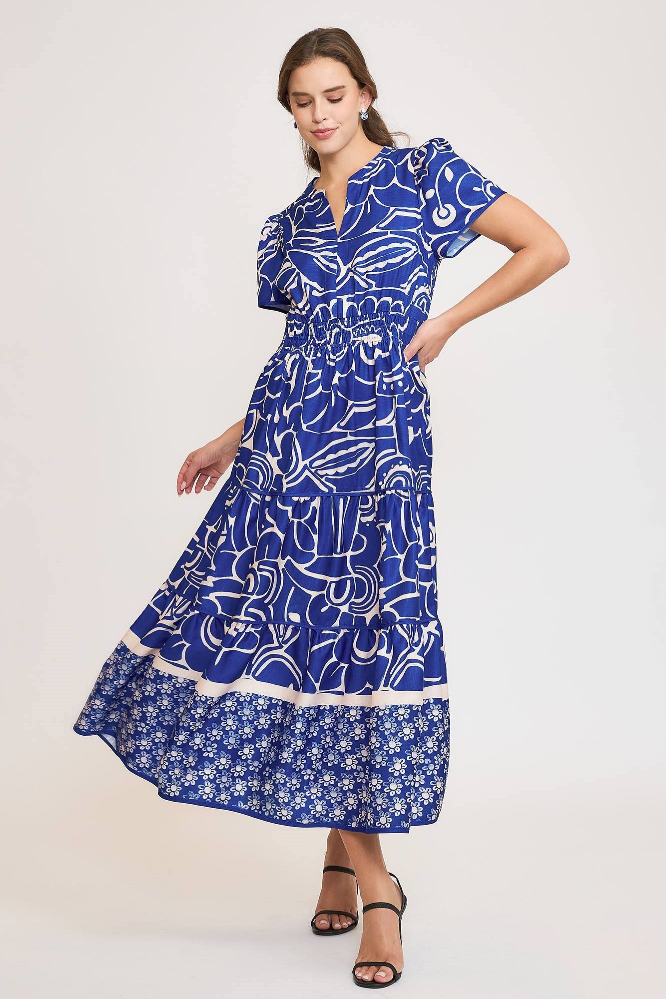 Umgee Royal Blue Printed Notched Short Sleeve Tiered Maxi Dress Royal Blue