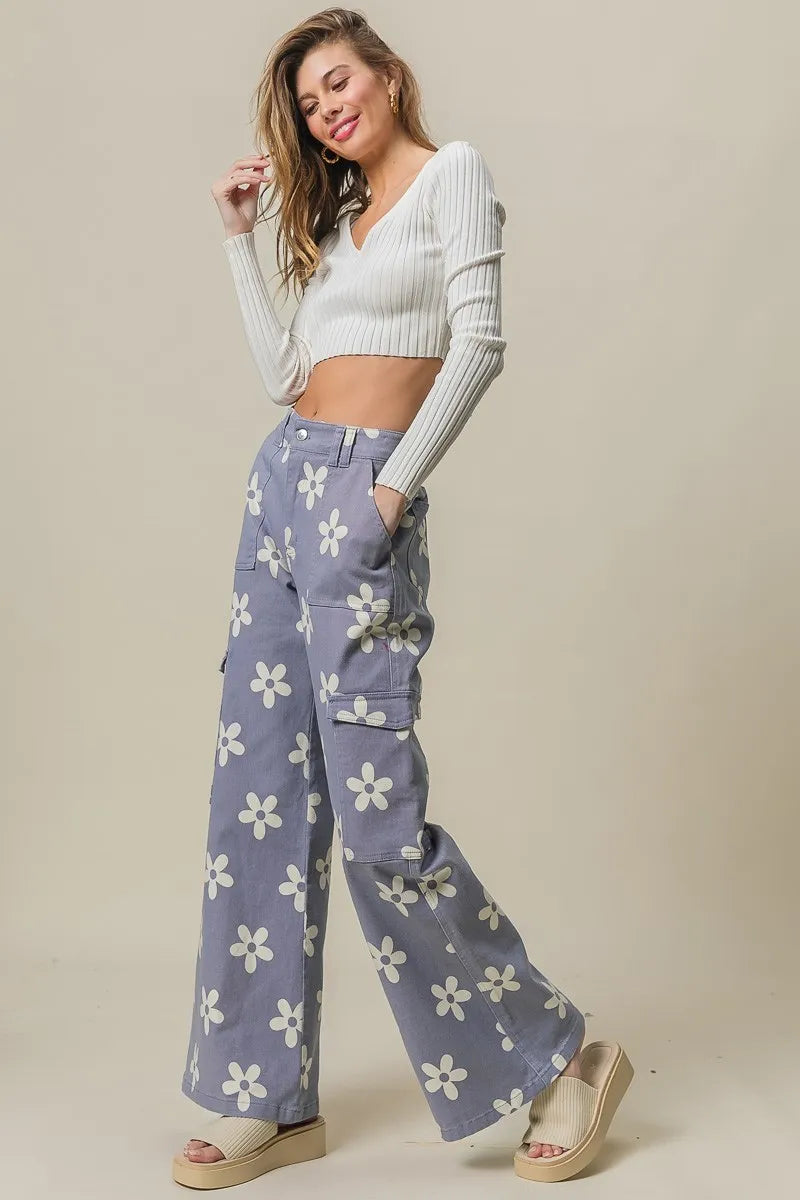 BiBi Dusty Lavender Flower Printed Side Pocket Wide Pants