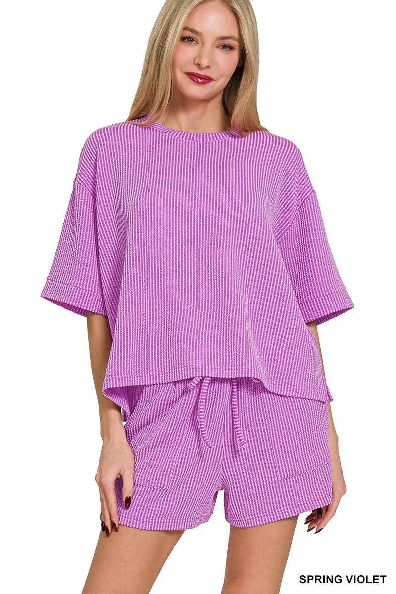 Zenana Raised Rib Short Sleeve Tee and Drawstring Shorts Set SPRING VIOLET