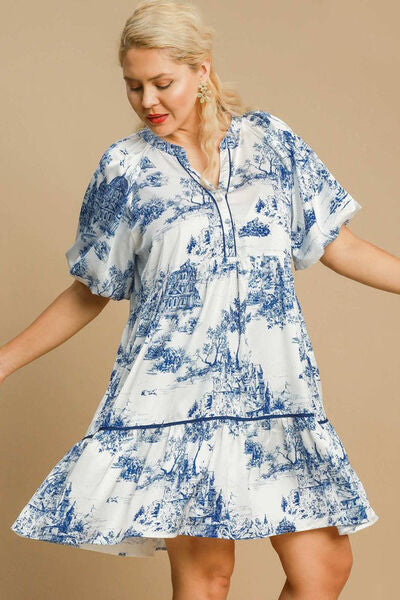Umgee Blue Two Tone Landscape Print Dress with Balloon Sleeves