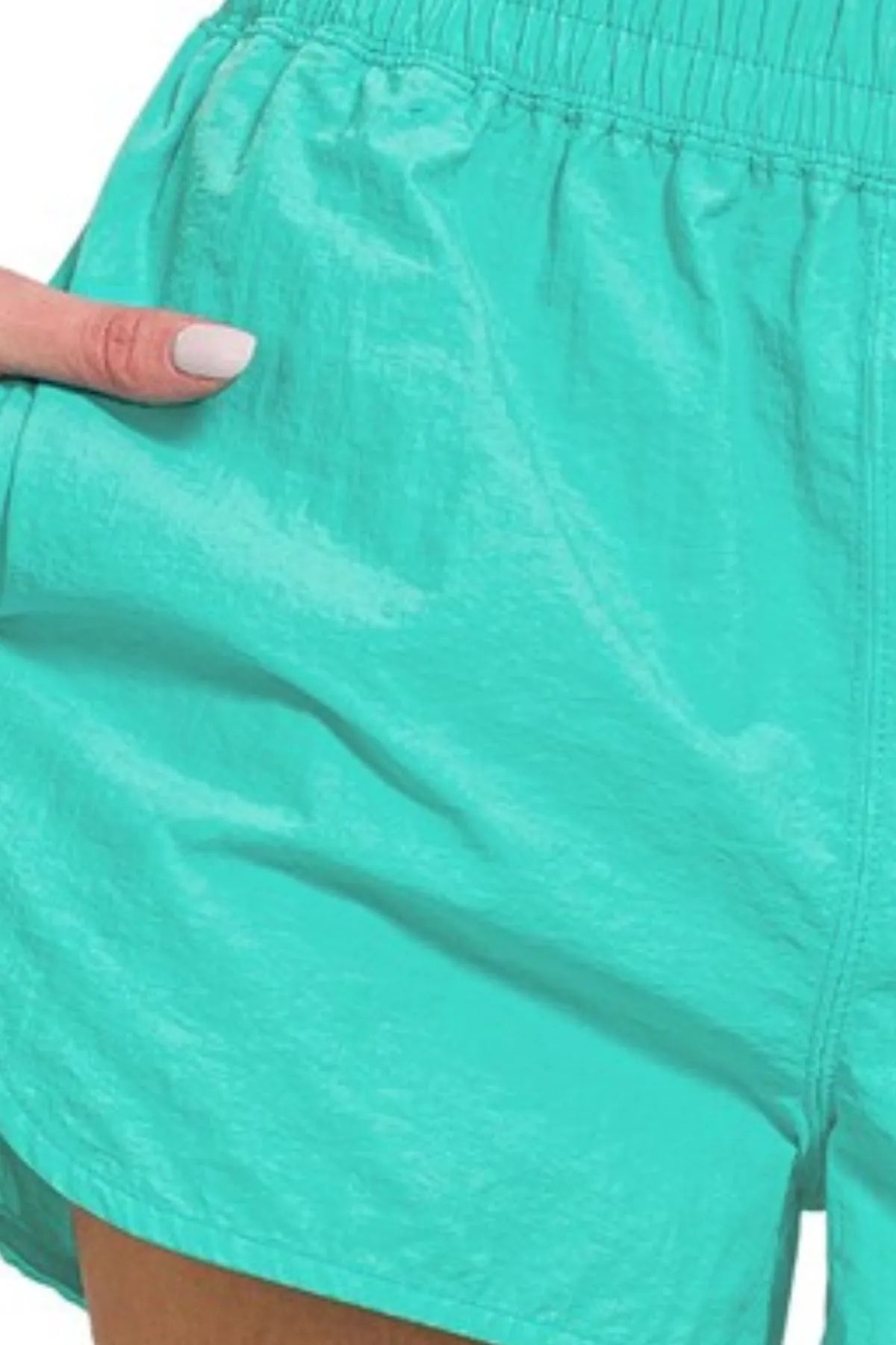 Zenana Turquoise Windbreaker Smocked Waistband Running Shorts