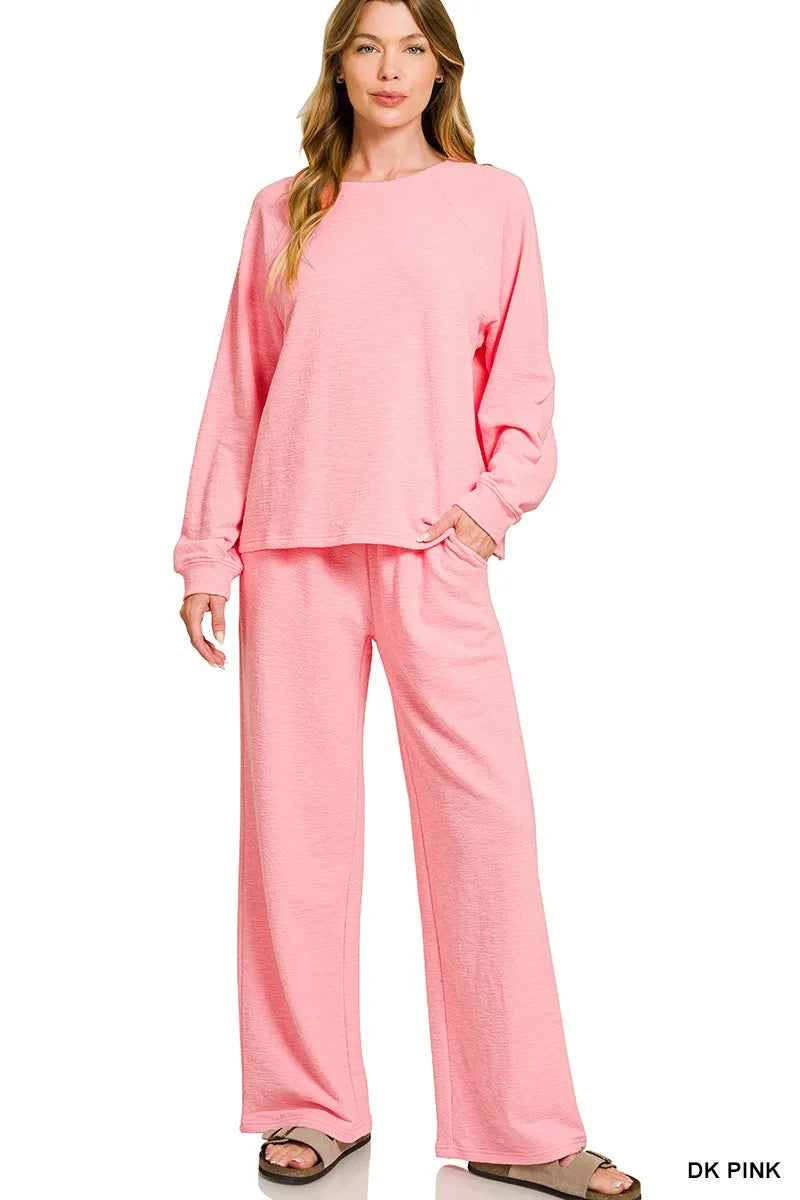 Zenana Dark Pink Slub Long Sleeve Top and Pants Lounge Set