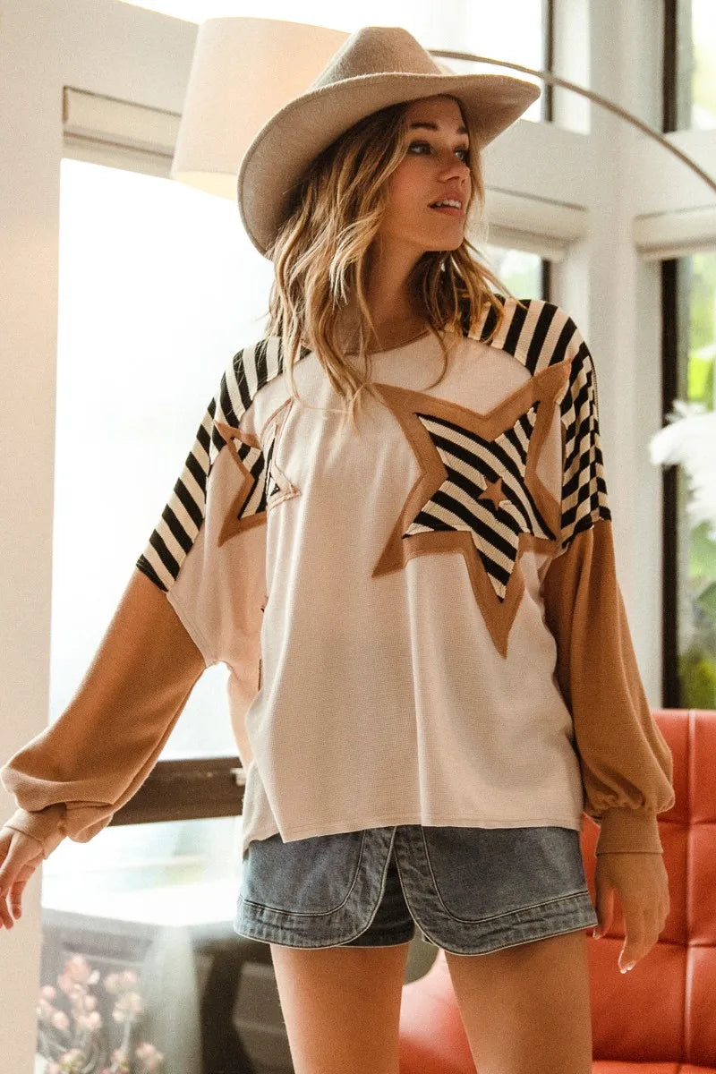 BiBi Star Patchwork Mixed Long Sleeve Top OATMEAL