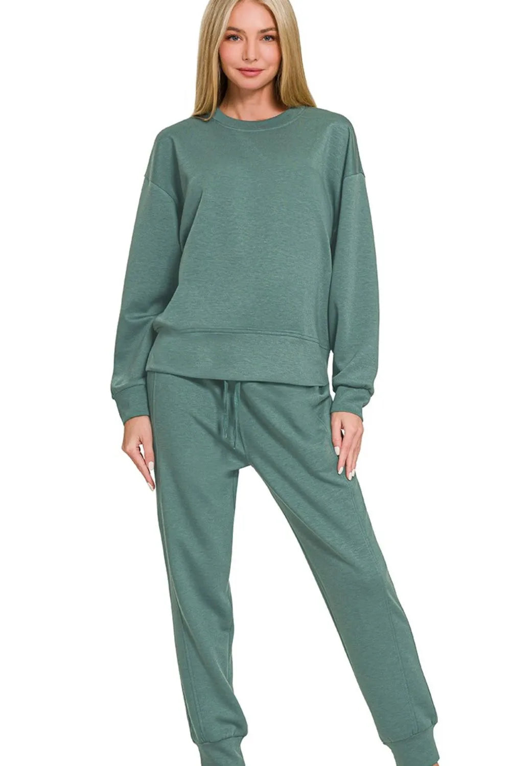 Zenana Ash Jade Scuba Crewneck Pullover & Joggers 2 Pieces Set ASH JADE