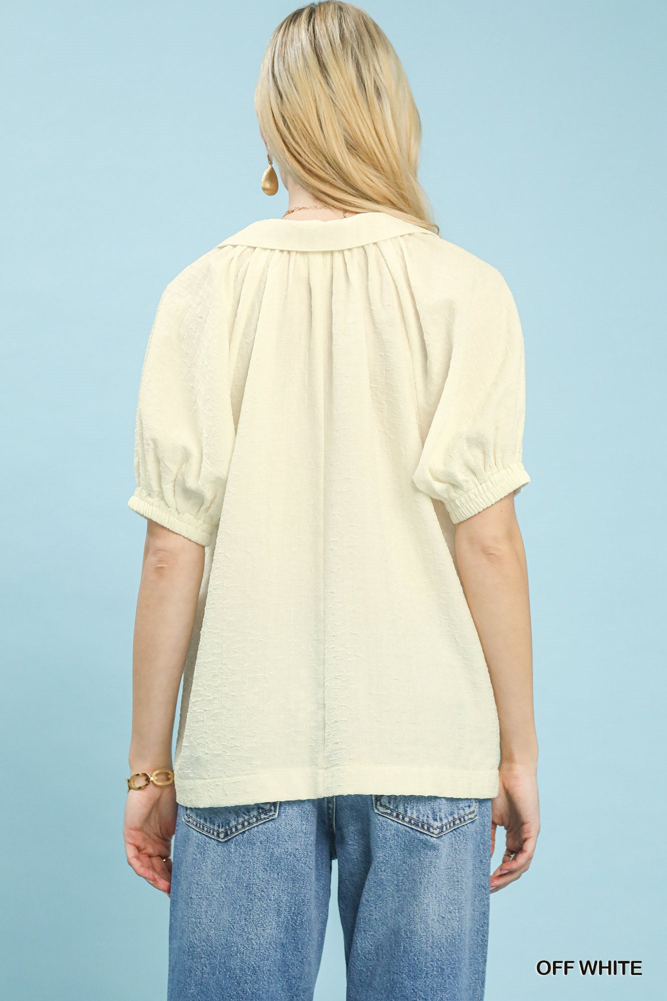 Umgee Off White Textured Trim Detail Short Sleeve Top