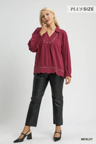Umgee Merlot Linen Scallop Hem Blouse with Contrast Trim
