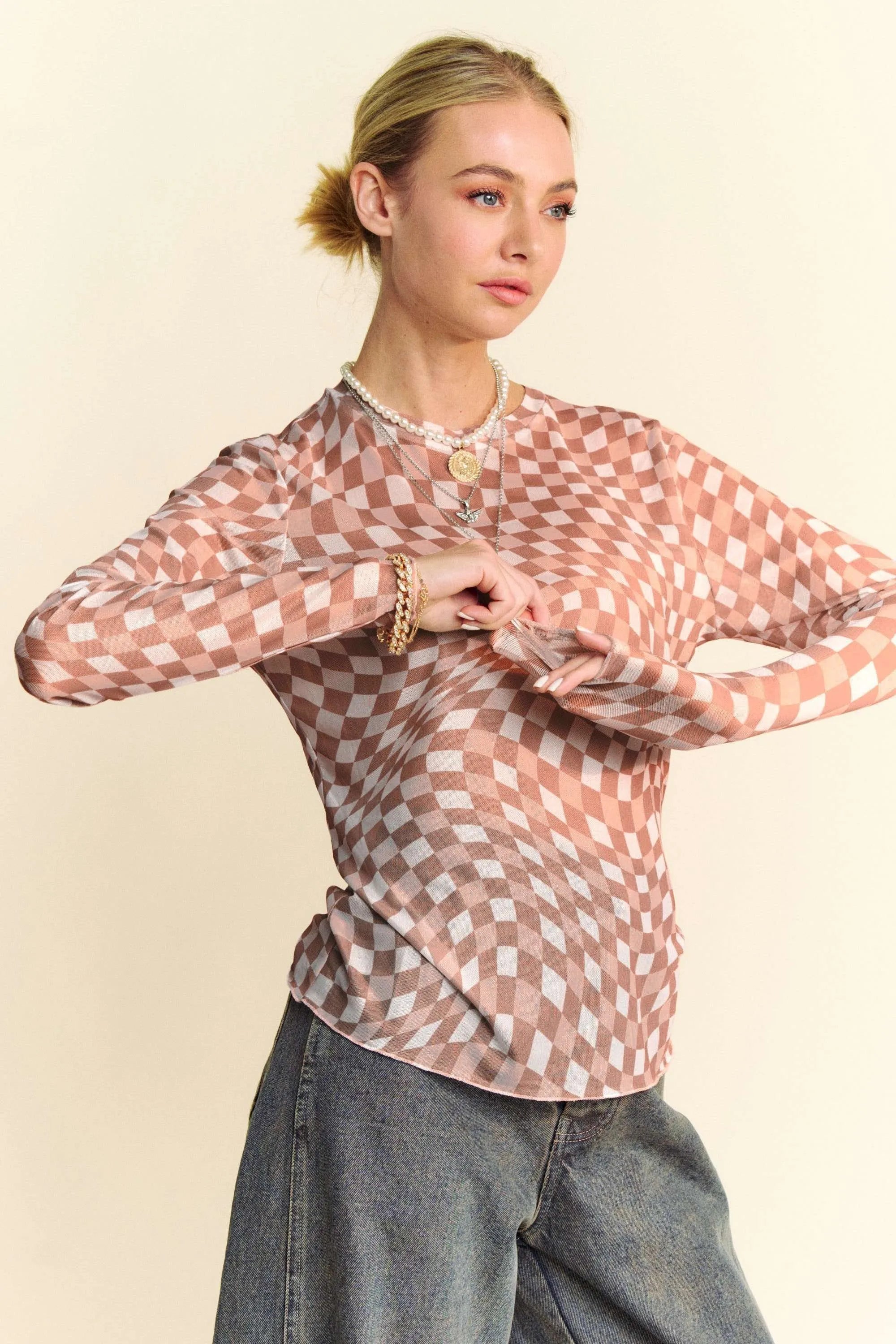 Davi & Dani Mocha Mousse Checker Board Mesh Long Sleeve Layering Top