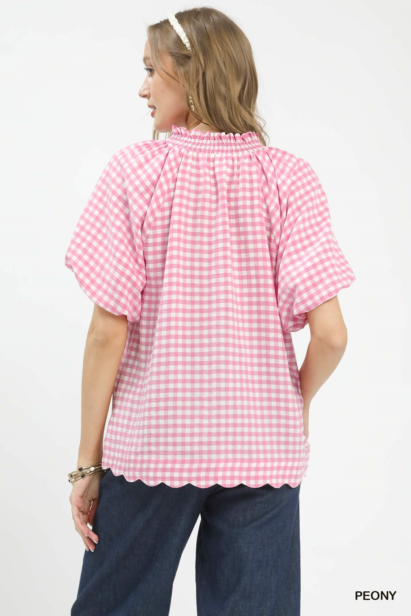 Umgee Peony Gingham Bubble Sleeve Blouse with Scallop Hem