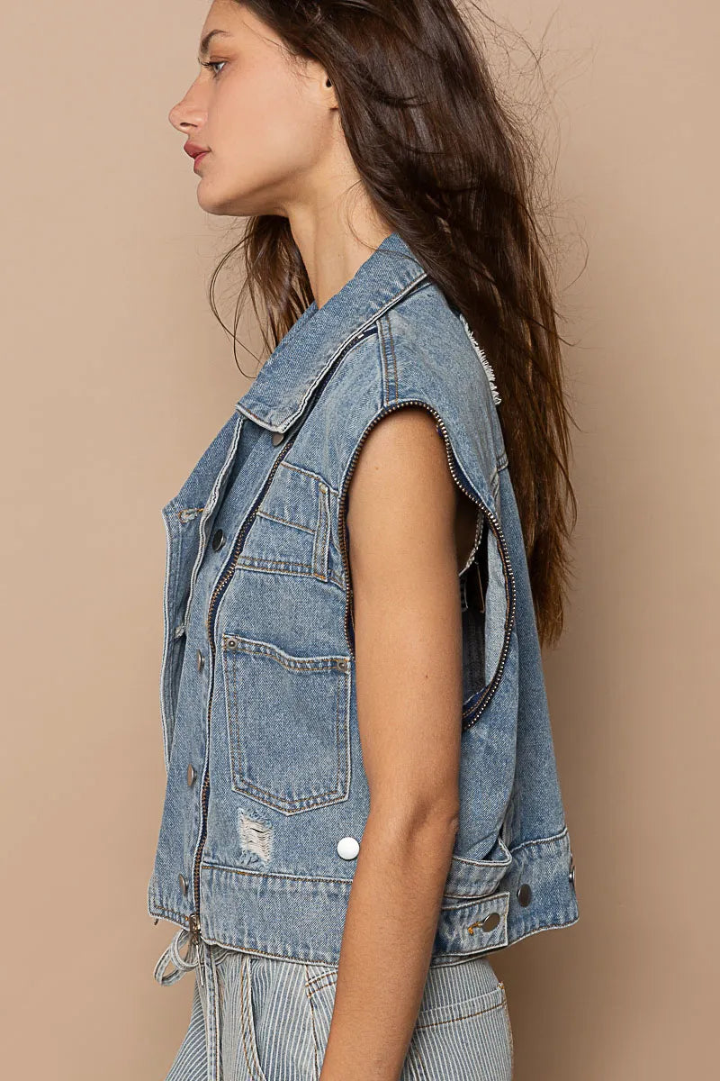 POL Dusty Blue Cropped Denim Jacket with Functional Zipper Detail