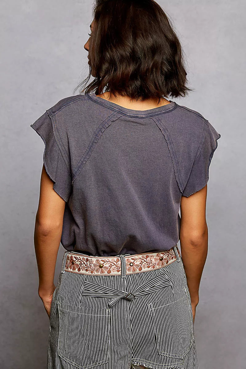 POL V-Neck Short Sleeve T-Shirt with Ruffle Sleeve