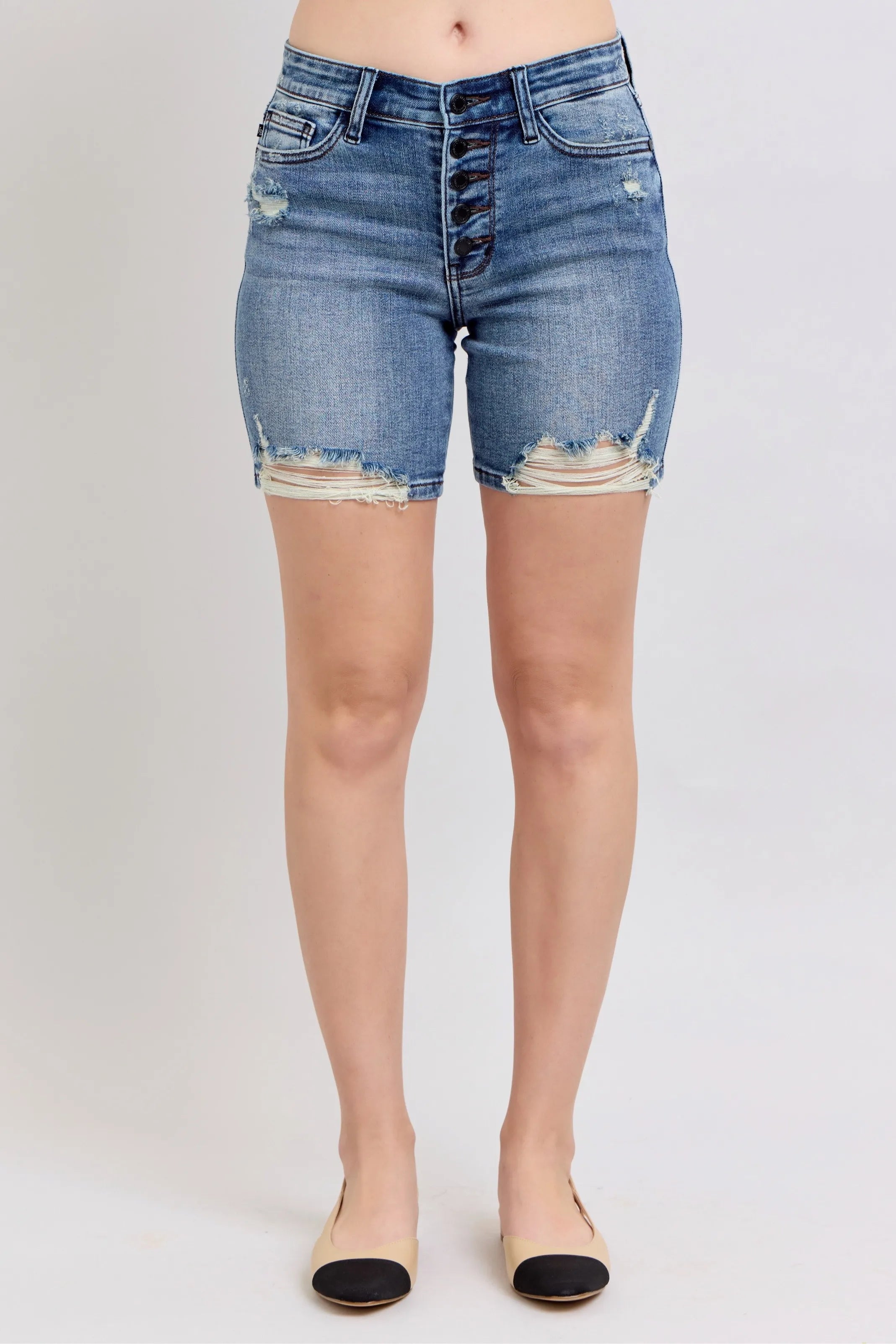 Judy Blue Button Fly Mid Length Denim Shorts W/ Distressing