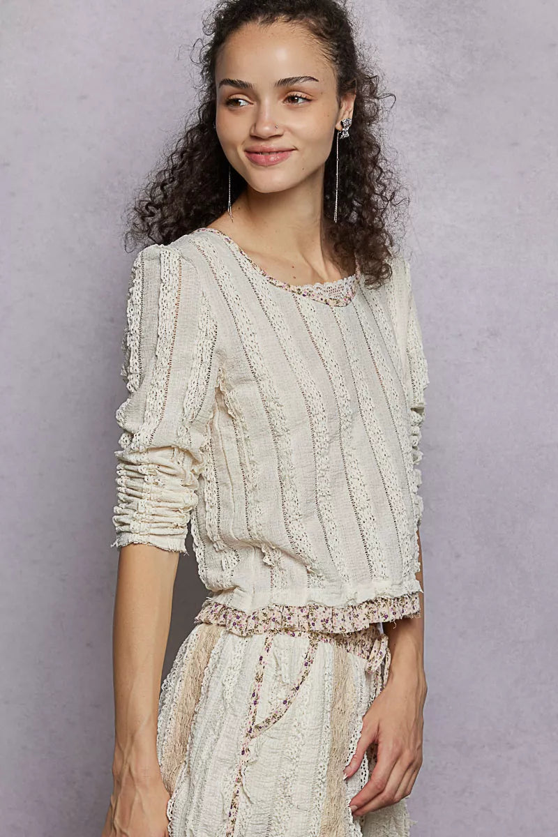 POL Cream Texture Long Sleeve Blouse with Floral Ruffled Details