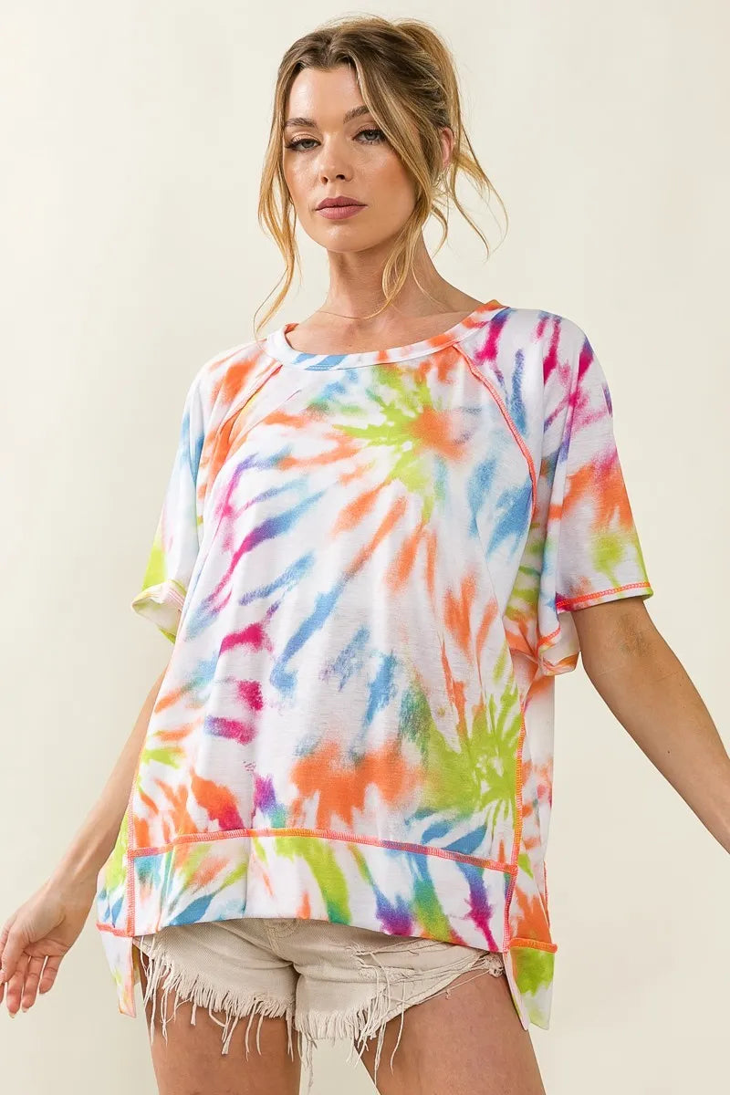 BiBi Tie Dye Print Jersey Stitched Uneven Hem Top