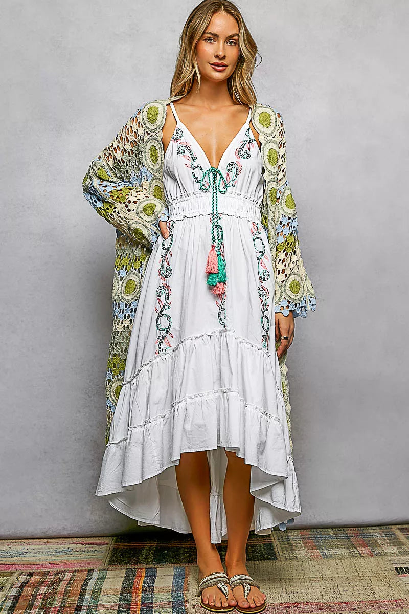 POL Scalloped Edge Open Front Crochet Cardigan with Colorful Stripe Pattern SAGE MULTI One Size