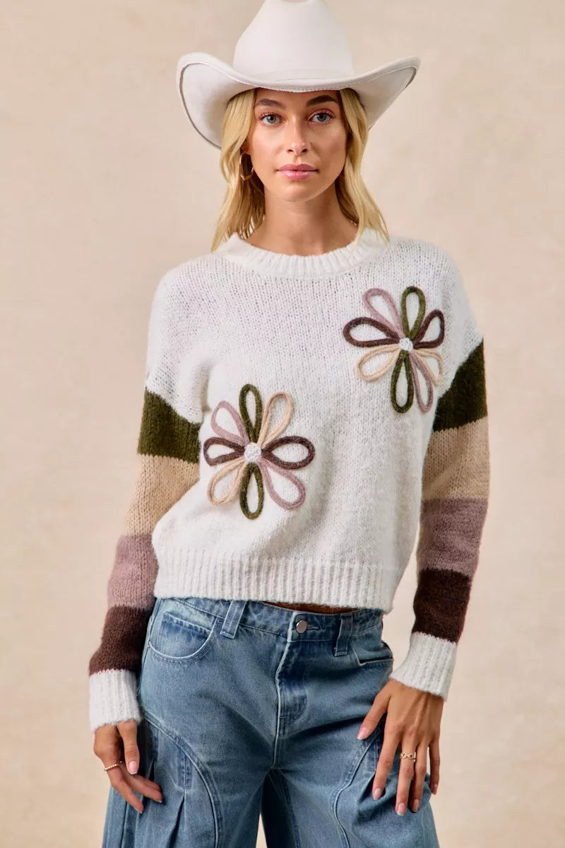 BiBi Ivory & Mocha Flower Color Block Sweater
