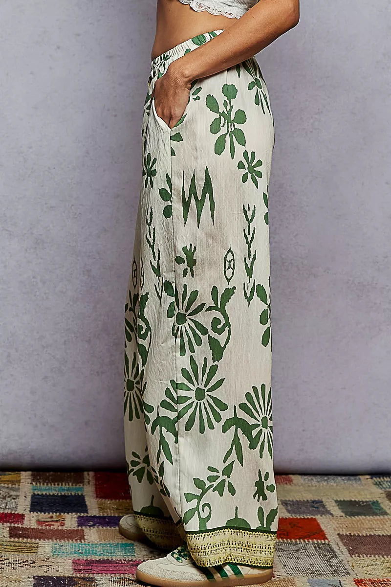 POL Ivory & Green Floral Printed Woven Wide Leg Drawstring Pants