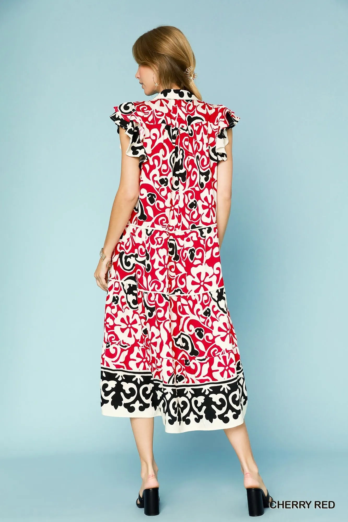 Umgee Cherry Red Printed Ruffled Cap Sleeve Midi Dress